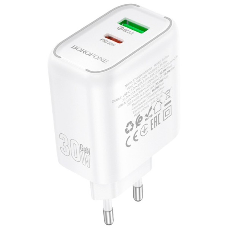 Зарядний пристрій BOROFONE BA89A Destello 1xUSB-C PD30W + 1xUSB QC3.0 White (6941991119361)