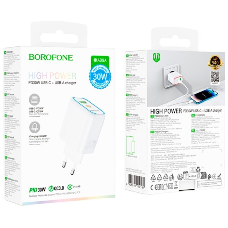 Зарядний пристрій BOROFONE BA89A Destello 1xUSB-C PD30W + 1xUSB QC3.0 White (6941991119361)