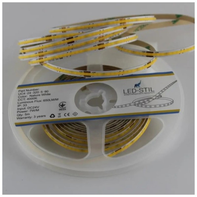 Світлодіодна стрічка LED-STIL 4000K 7 Вт/м COB 320 діодів IP33 24 Вольта 650 lm нейтральне світло, вузька (UC4-24-320-5-90)