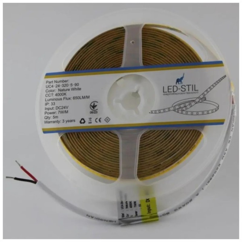 Світлодіодна стрічка LED-STIL 4000K 7 Вт/м COB 320 діодів IP33 24 Вольта 650 lm нейтральне світло, вузька (UC4-24-320-5-90)