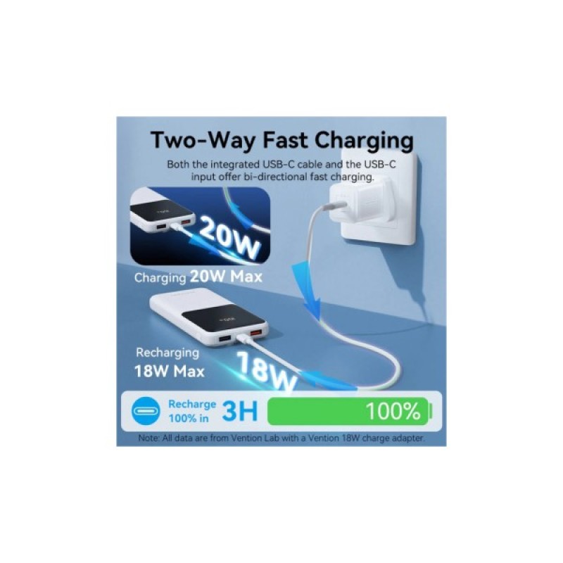 Батарея універсальна Vention 10000mAh 22.5W 3A PD, Built-in USB-C+Lightning Cables, White (FHOW0)