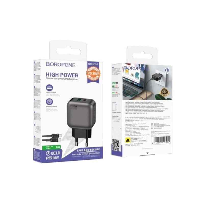 Зарядний пристрій BOROFONE BAS55A Absolute 1xUSB-C PD30W + 1xUSB QC3.0 + cable USB-C to USB-C Black (6941991116254)