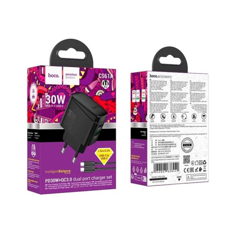Зарядний пристрій HOCO CS61A Bright 1xUSB-C PD30W + 1xUSB QC3.0 + cable USB-C to USB-C Black (6942007638449)