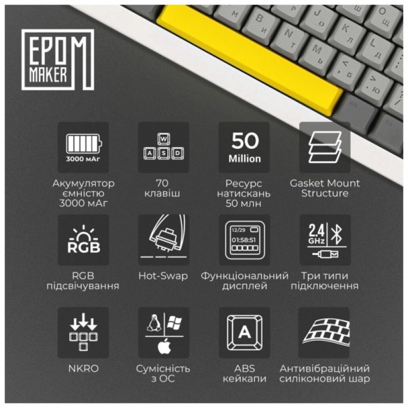 Клавіатура Epomaker Shadow-X 70 Wisteria Linear Switch Hot-Swap LCD Screen RGB Wireless/Bluetooth/USB UA White (SHX-W-WL)