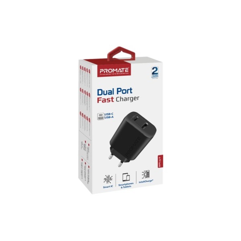 Зарядний пристрій Promate 17W USB-C + USB-A (biplug-2.black)