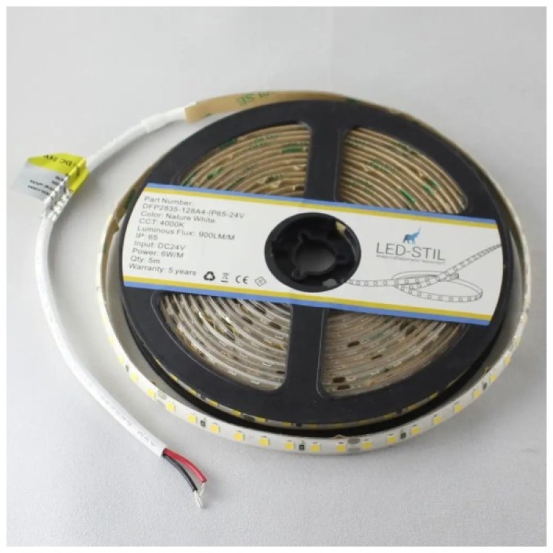 Світлодіодна стрічка LED-STIL 4000К 6 Вт/м 2835 128 діодів IP65 24 Вольта 900 lm нейтральне світло (DFP2835-128A4-IP65-24V)