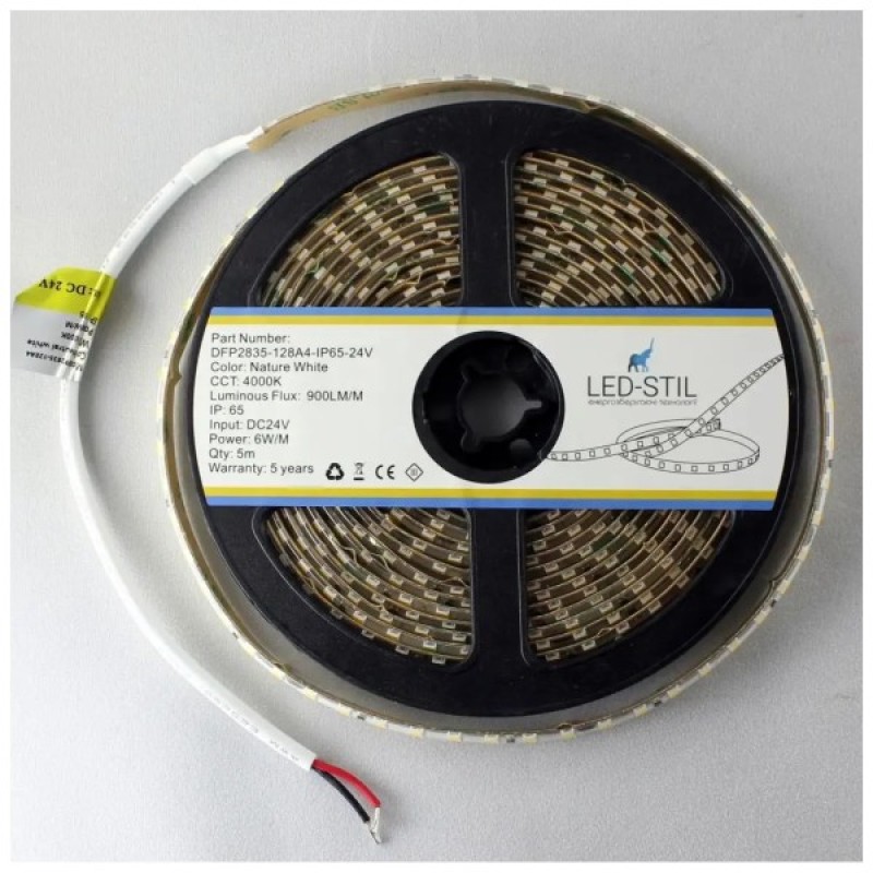 Світлодіодна стрічка LED-STIL 4000К 6 Вт/м 2835 128 діодів IP65 24 Вольта 900 lm нейтральне світло (DFP2835-128A4-IP65-24V)