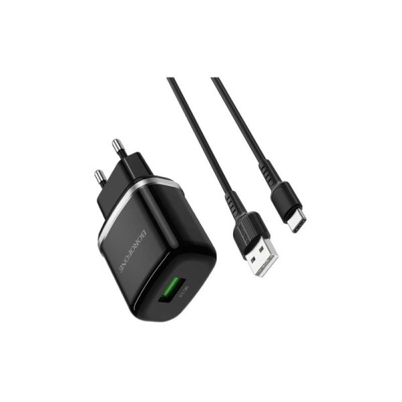 Зарядний пристрій BOROFONE BA36A High Speed USB QC3.0 + cable USB to USB-C 18W Black (6931474716002)