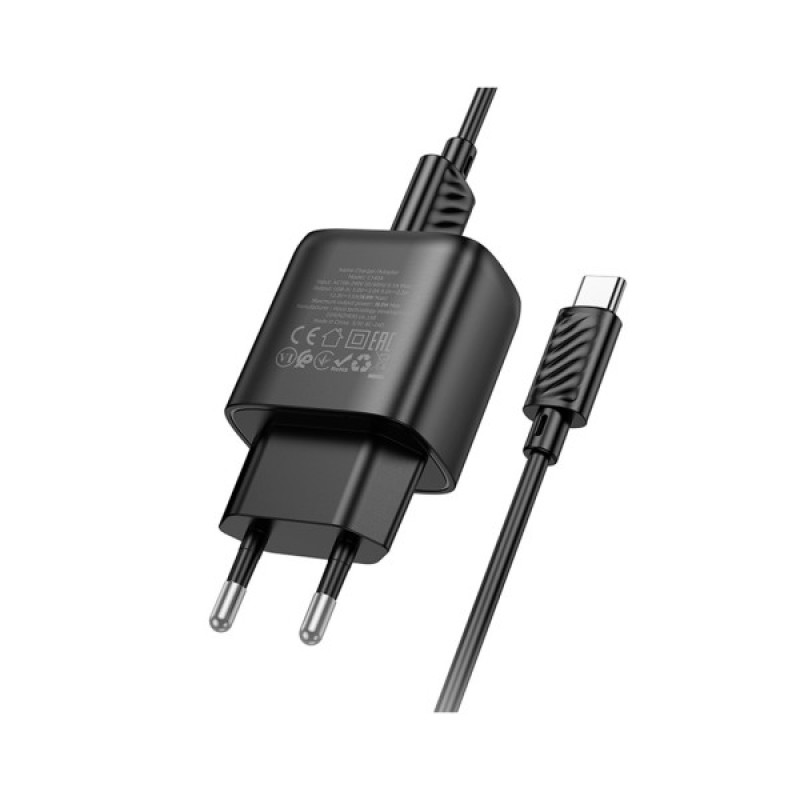Зарядний пристрій HOCO C140A Smart USB QC3.0 + cable USB to USB-C Black (6942007627825)