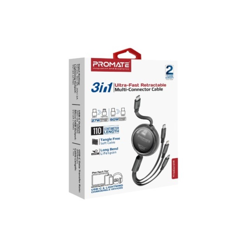 Дата кабель USB-C to Lightning 1.1m 27W + USB-C 60W + Micro USB TrioCord-R black Promate (triocord-r.black)