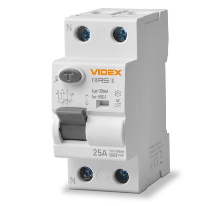 Диференційне реле (ПЗВ) Videx RESIST АС 2п 30мА 10кА 25А (VF-RS10-DR2AC25)