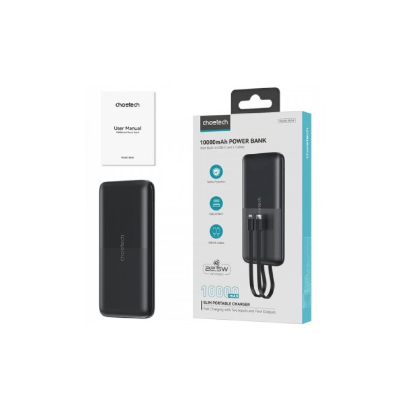 Батарея універсальна Choetech 10000mAh 22,5W, MicroUSB, USB-A, USB-C, build-in USB-C/Lightning cable (B654-BK)