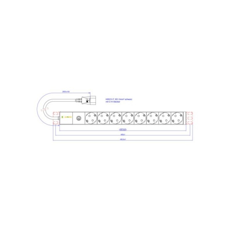 Силовий блок 19" 1U 8xSchuko, вилка IEC C14, кабель 3м. Conteg (DP-RP-08-SCHUF-IEEC14)