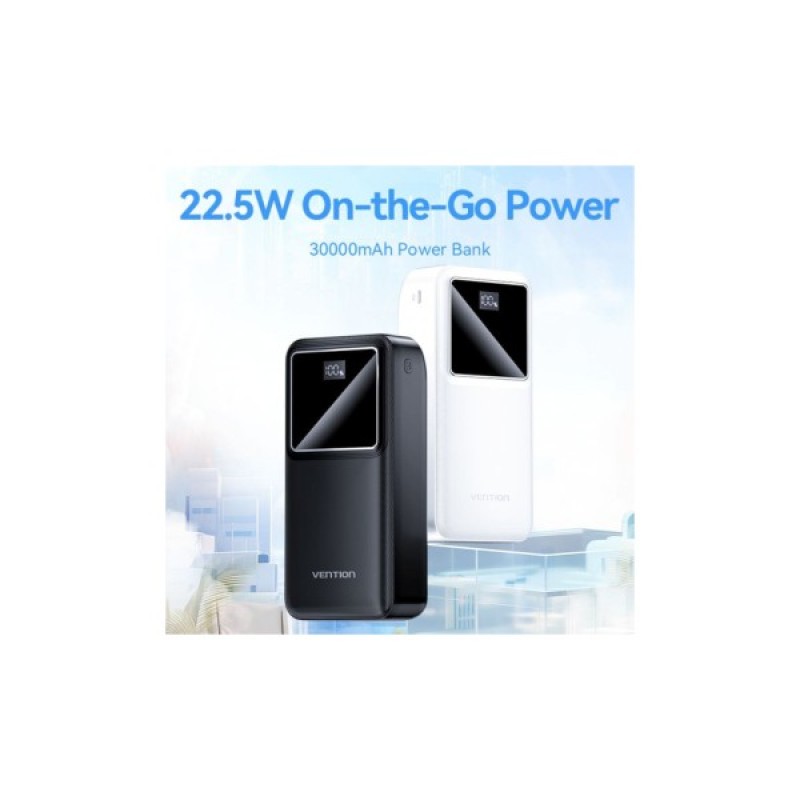 Батарея універсальна Vention 30000mAh 22.5W 3A, PD, QC/3.0, LED Display, Black (FHMB0)