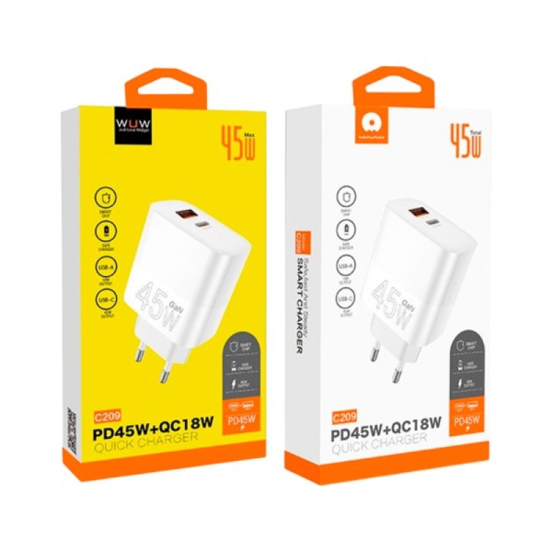 Зарядний пристрій WUW C209 1xUSB-C PD45W + 1xUSB QC3.0 18W White (WUW-C209)