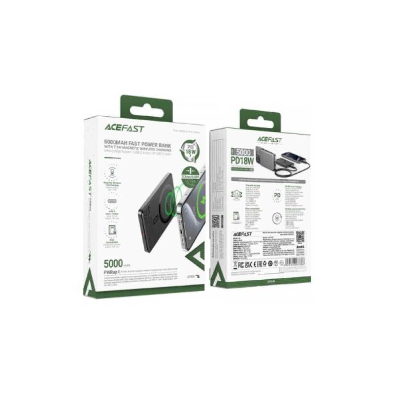 Батарея універсальна Acefast Magnetic Wireless 5000mAh 18W PD, QC/3.0, QI 7.5W, ультра тонкий, M8 Bllack (6974316283386)