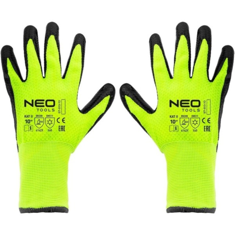 Захисні рукавиці Neo Tools утеплені, латексне покриття, поліестер, р.10, зелено чорні (97-613-10)