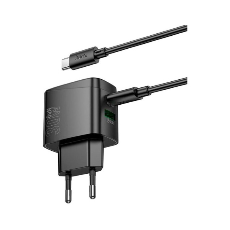 Зарядний пристрій HOCO CS61A Bright 1xUSB-C PD30W + 1xUSB QC3.0 + cable USB-C to Lightning Black (6942007638432)