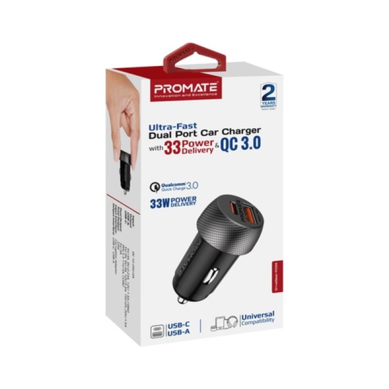 Зарядний пристрій Promate drivegear-pd33 USB-C PD33W + USB-A QC3.0 Black (drivegear-pd33)