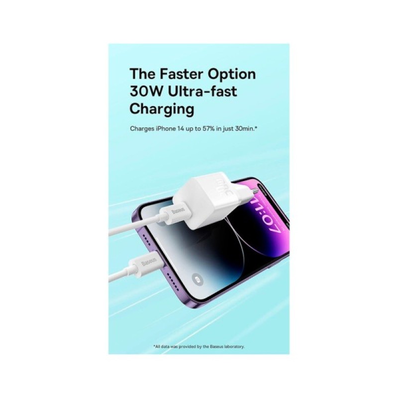 Зарядний пристрій Baseus GaN5 Fast Charger USB-C 30W + Cable 1.0m Type-C 100W white (P10110902213-00)