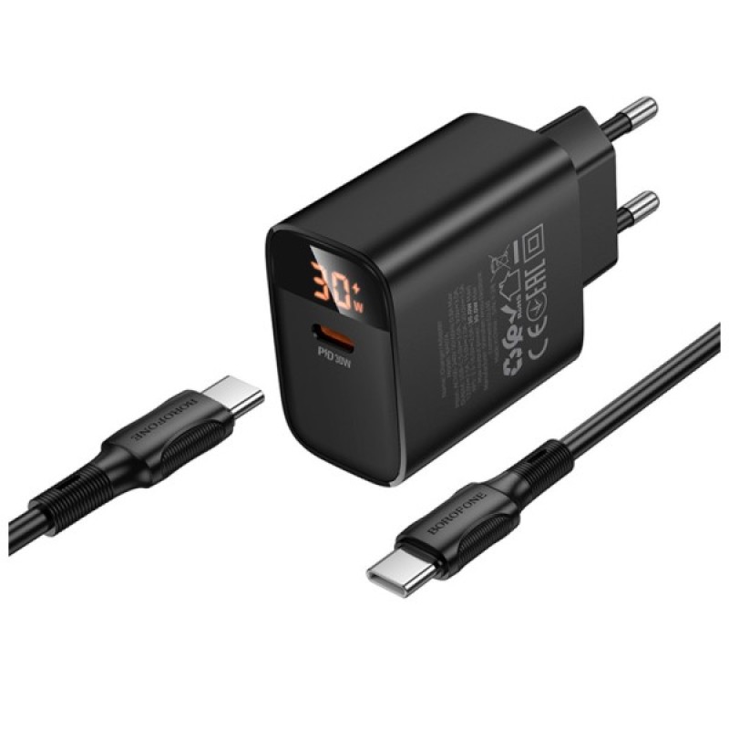 Зарядний пристрій BOROFONE BA97A Ilustre USB-C PD30W digital display + cable USB-C to USB-C Black (6941991120503)