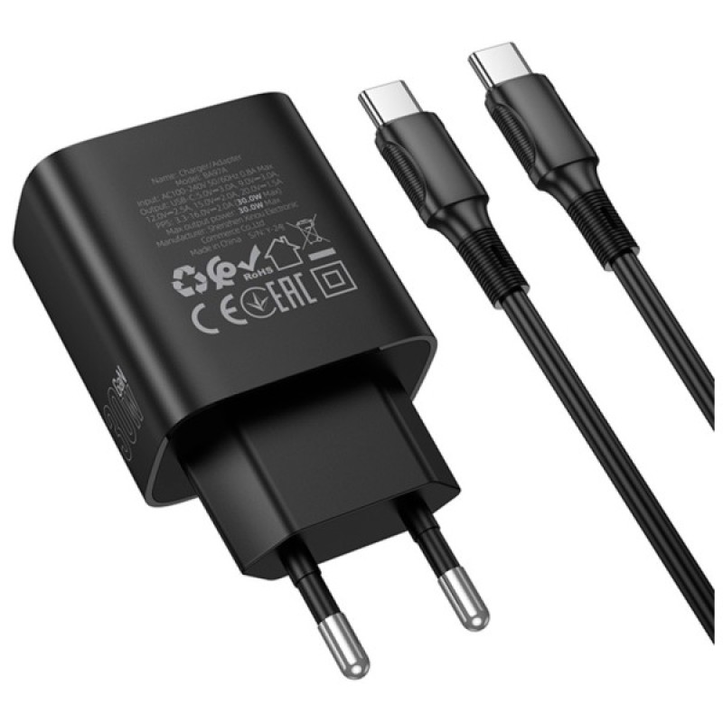 Зарядний пристрій BOROFONE BA97A Ilustre USB-C PD30W digital display + cable USB-C to USB-C Black (6941991120503)