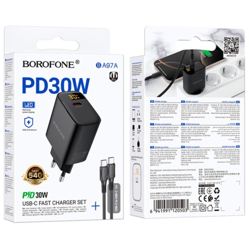 Зарядний пристрій BOROFONE BA97A Ilustre USB-C PD30W digital display + cable USB-C to USB-C Black (6941991120503)