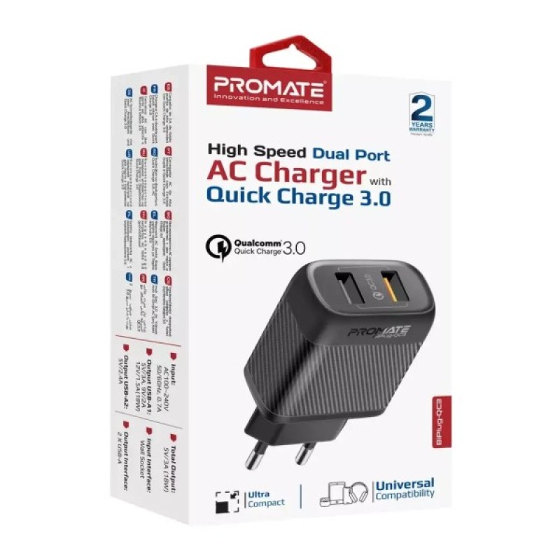 Зарядний пристрій Promate biplug-qc3.eu-bk