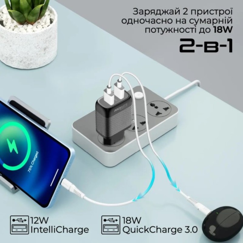 Зарядний пристрій Promate biplug-qc3.eu-bk