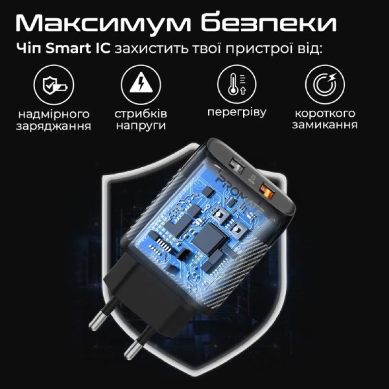 Зарядний пристрій Promate biplug-qc3.eu-bk