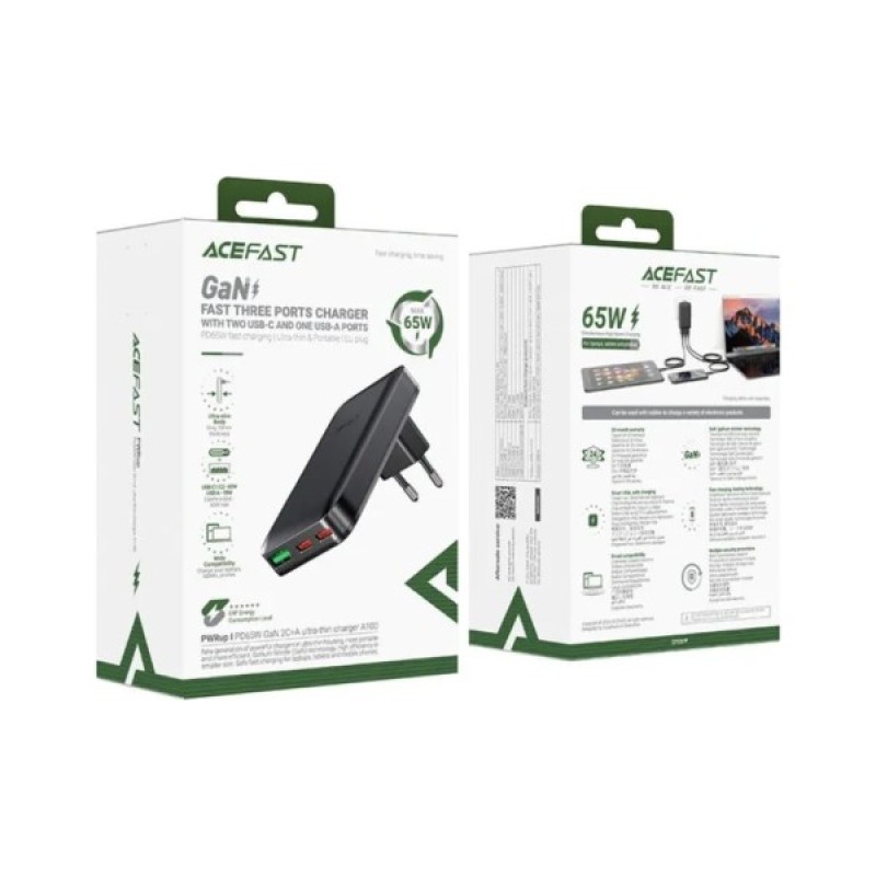 Зарядний пристрій Acefast 3xUSB 65W (2xUSB-C+USB-A) Gan A100 Fast Charger Ultra thin black (6974316283492)
