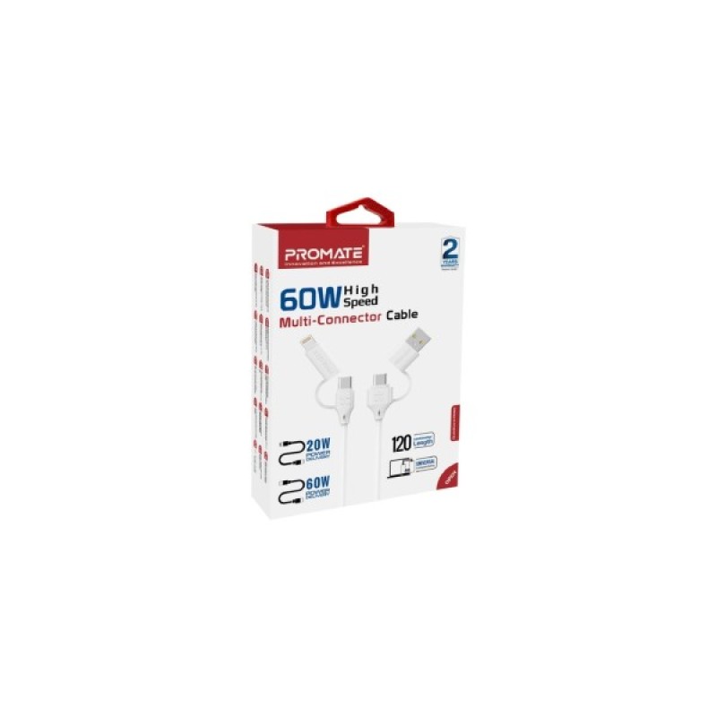 Дата кабель USB-C + USB 2.0 AM to USB-C + Lightning 1.2m 60W quadcord-pd60 white Promate (quadcord-pd60.white)