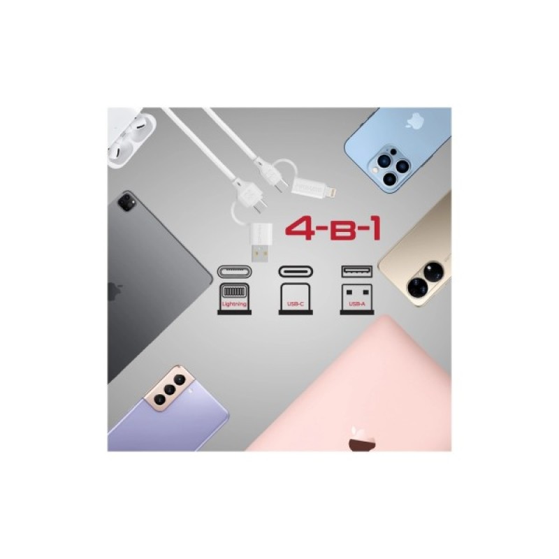 Дата кабель USB-C + USB 2.0 AM to USB-C + Lightning 1.2m 60W quadcord-pd60 white Promate (quadcord-pd60.white)