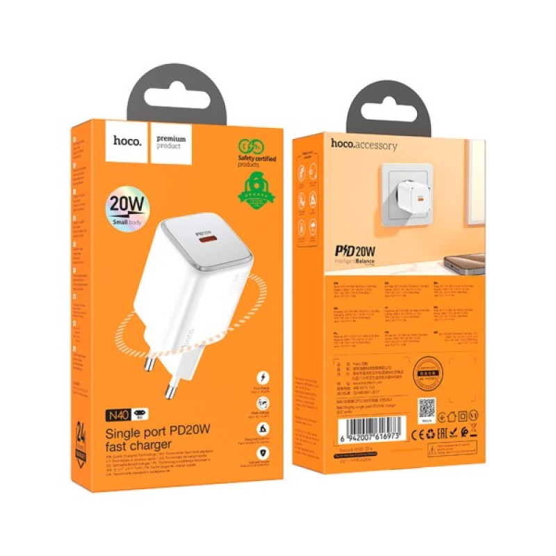 Зарядний пристрій HOCO N40 Mighty USB-C PD20W White (6942007616973)