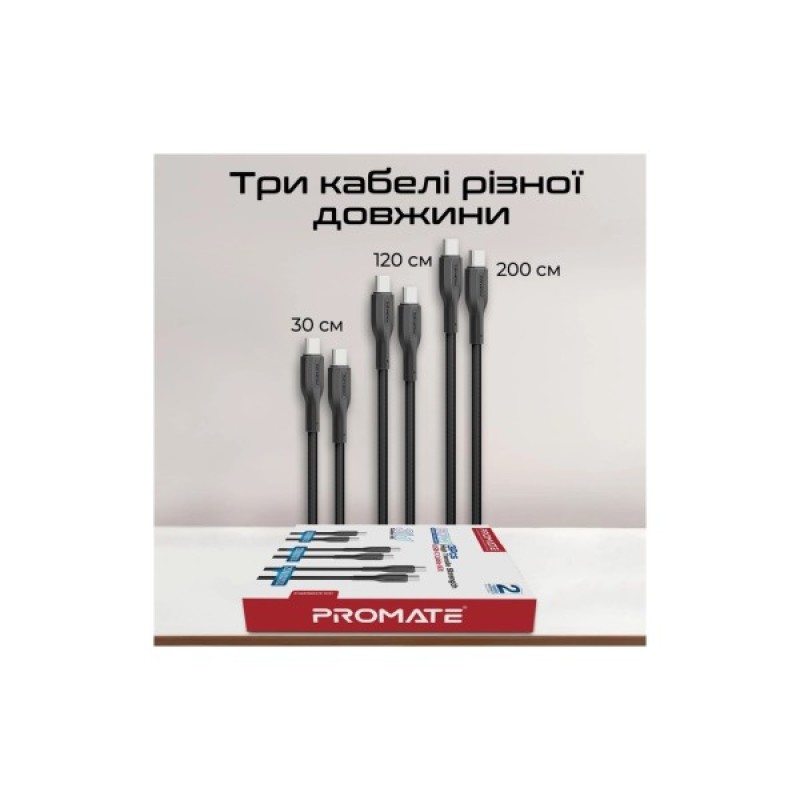Дата кабель USB-C to USB-C cablekit-cc.black Promate (cablekit-cc.black)