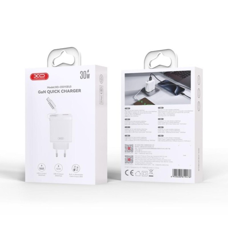 Зарядний пристрій XO 1xUSB-C + 1xUSB QC30W GaN + cable USB-C to USB-C white (XO-CE31)