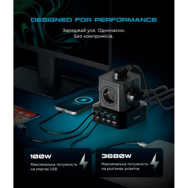 Зарядний пристрій Armorstandart ARP-544 Resolute Power USB-C 100W GaN 2m Black (ARM73177)