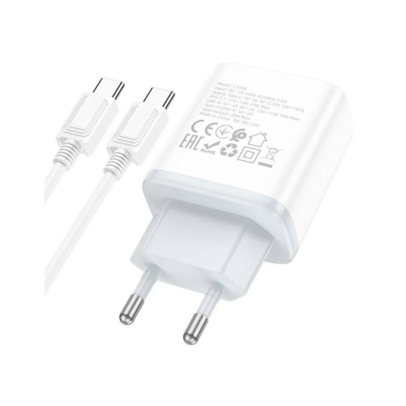 Зарядний пристрій HOCO C105A Stage 1xUSB-C PD20W + 1xUSB QC3.0 + cable USB-C to USB-C White (6931474782922)