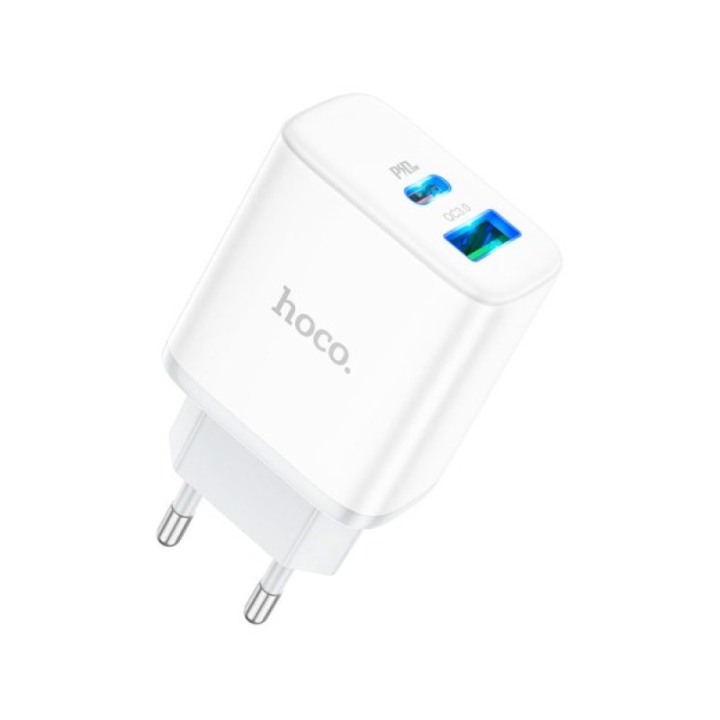 Зарядний пристрій HOCO C105A Stage 1xUSB-C PD20W + 1xUSB QC3.0 + cable USB-C to USB-C White (6931474782922)
