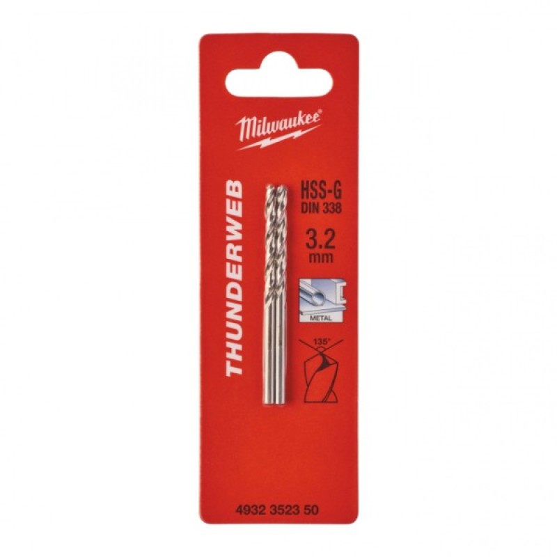 Свердло Milwaukee по металу THUNDERWEB HSS-G DIN338, 3,2 x 65 мм, (2шт) (4932352350)