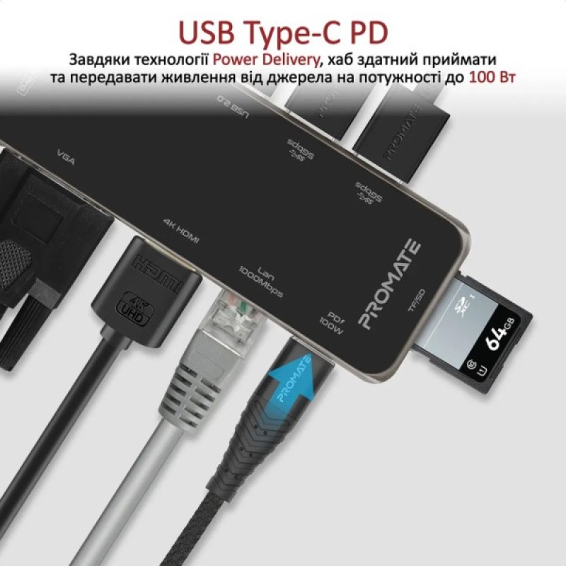 Концентратор Promate USB-C 11-in-1 Promate primehub-pro.grey (primehub-pro.grey)