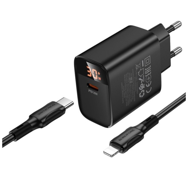 Зарядний пристрій BOROFONE BA97A Ilustre USB-C PD30W digital display + cable USB-C to Lightning Black (6941991120497)