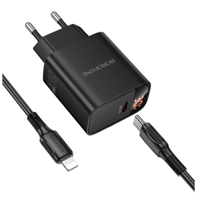 Зарядний пристрій BOROFONE BA97A Ilustre USB-C PD30W digital display + cable USB-C to Lightning Black (6941991120497)