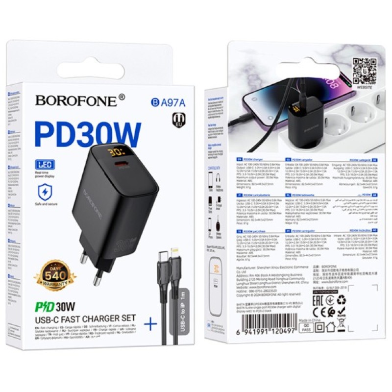 Зарядний пристрій BOROFONE BA97A Ilustre USB-C PD30W digital display + cable USB-C to Lightning Black (6941991120497)
