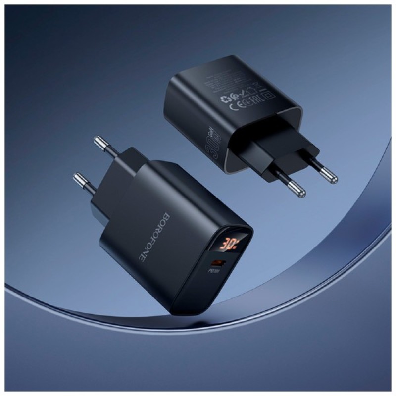 Зарядний пристрій BOROFONE BA97A Ilustre USB-C PD30W digital display + cable USB-C to Lightning Black (6941991120497)