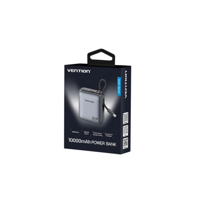 Батарея універсальна Vention 10000mAh 35W 3A PD, Type-C in/out, Built-in USB-C Cable, LED Display,Gray (FHEH0)