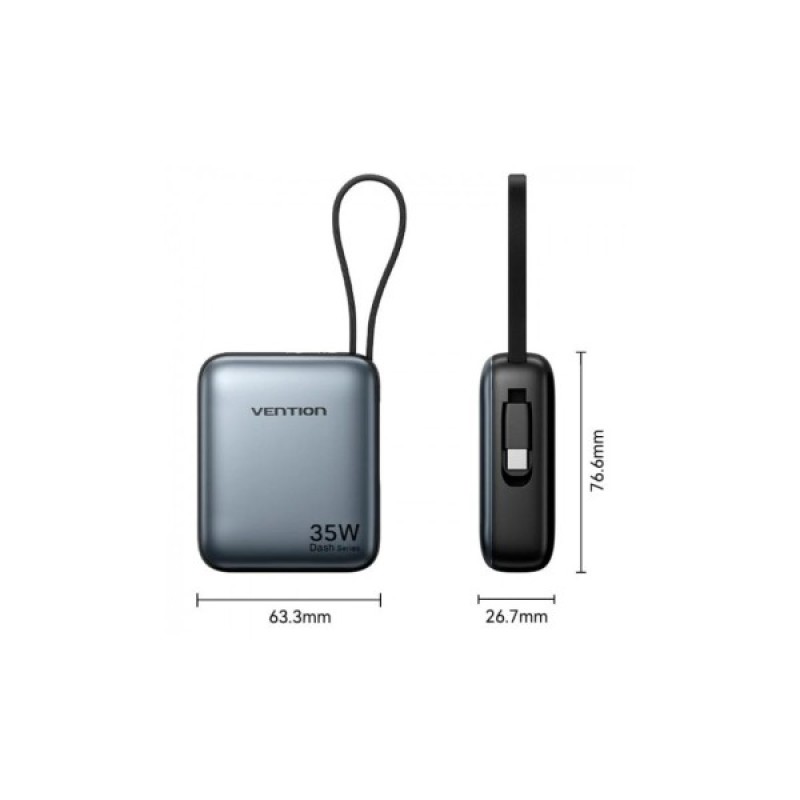 Батарея універсальна Vention 10000mAh 35W 3A PD, Type-C in/out, Built-in USB-C Cable, LED Display,Gray (FHEH0)