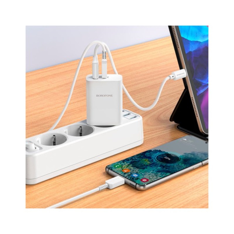 Зарядний пристрій BOROFONE BN10 Sunlight 1xUSB-C PD65W + 1xUSB-A + cable USB-C to USB-C White (6974443388206)
