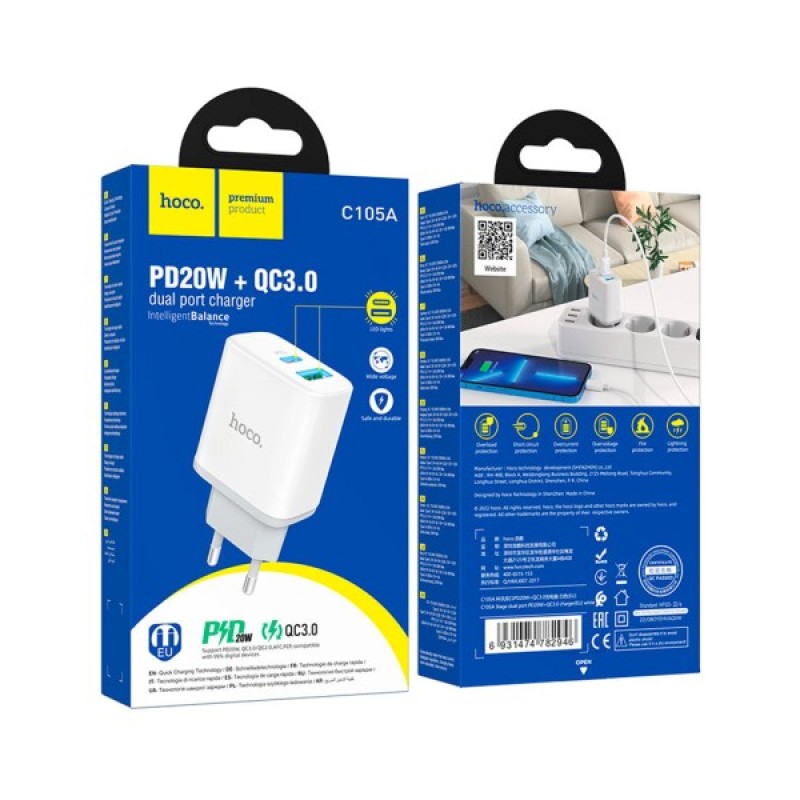 Зарядний пристрій HOCO C105A Stage 1xUSB-C PD20W + 1xUSB QC3.0 White (6931474782946)