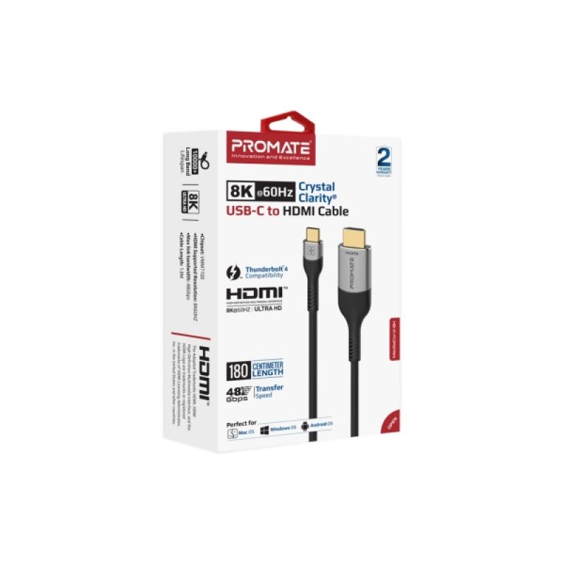 Кабель мультимедійний USB-C to HDMI 1.8m grey Promate (mediacord-8k.grey)